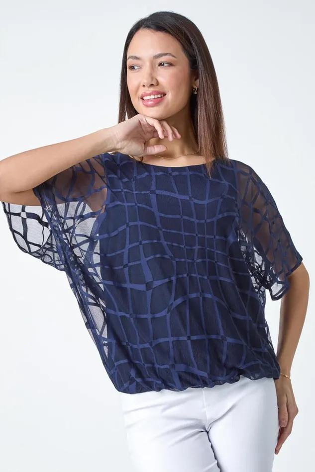 Navy Abstract Check Print Blouson Top Women Roman Tops