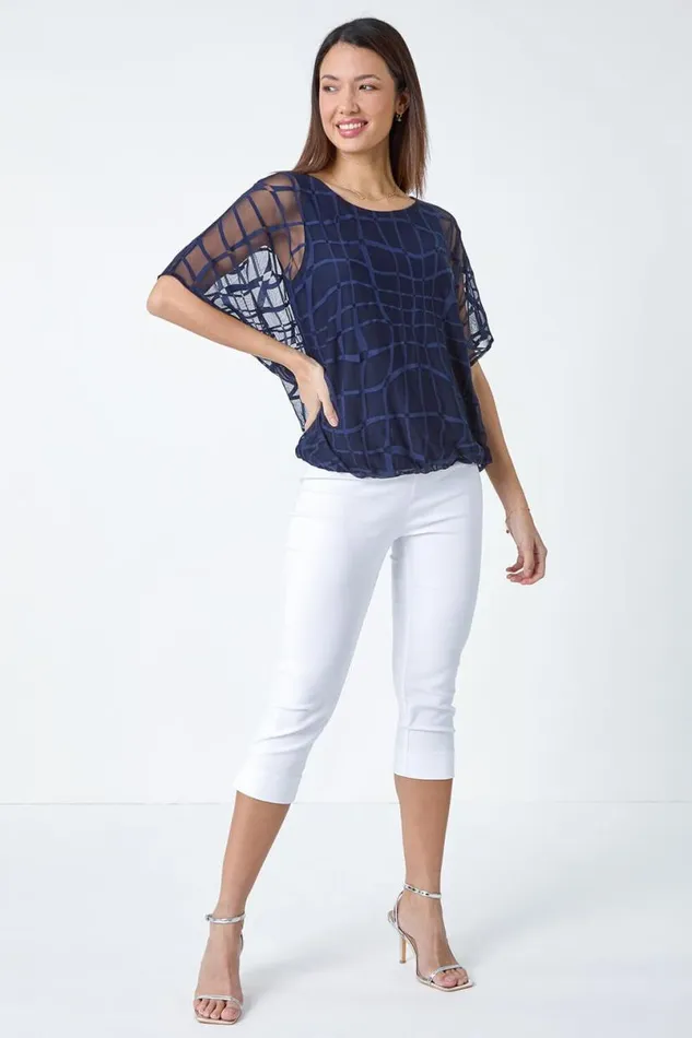 Navy Abstract Check Print Blouson Top Women Roman Tops