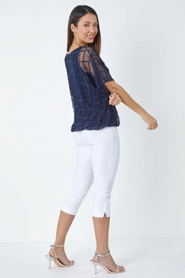Navy Abstract Check Print Blouson Top Women Roman Tops
