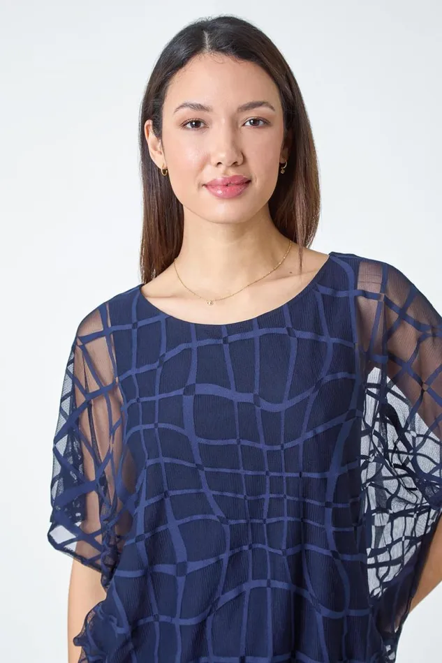 Navy Abstract Check Print Blouson Top Women Roman Tops