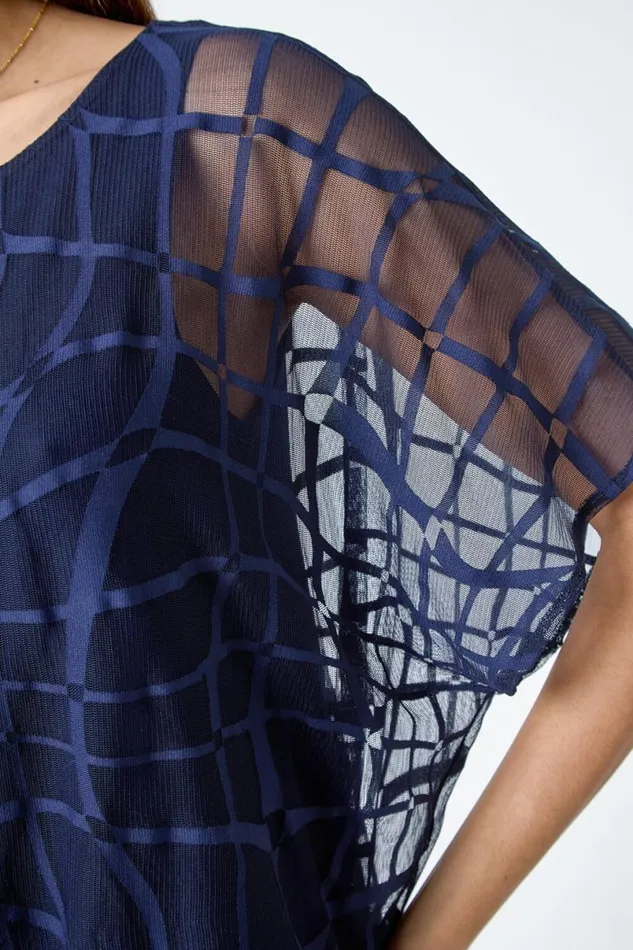 Navy Abstract Check Print Blouson Top Women Roman Tops