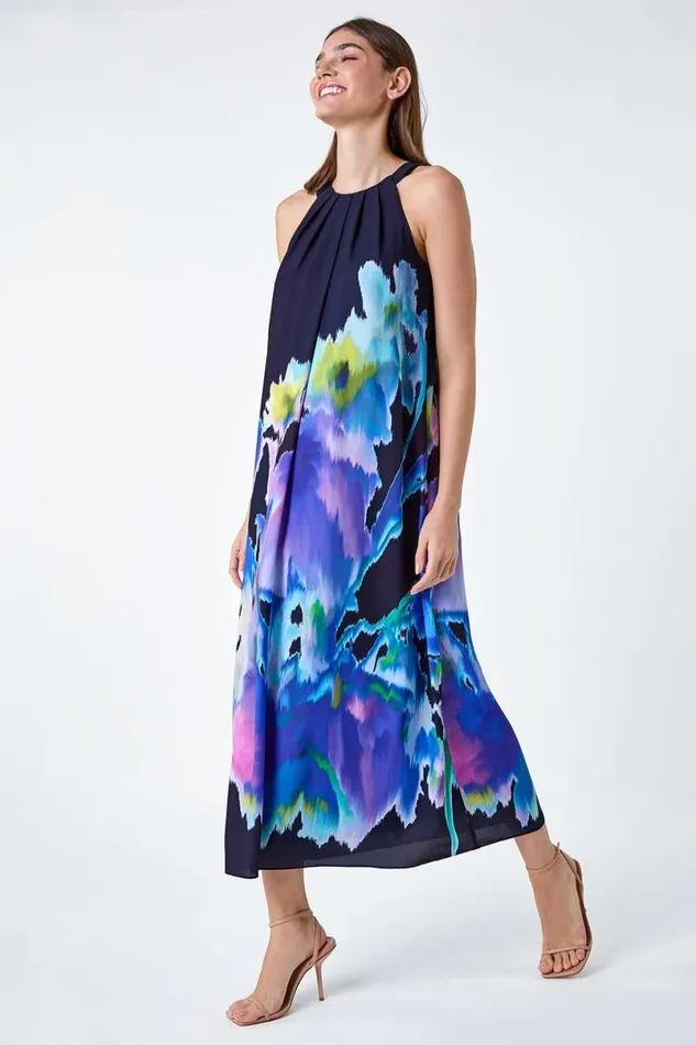 Navy Abstract Floral Pleat Detail Trapeze Dress Women Roman Dresses