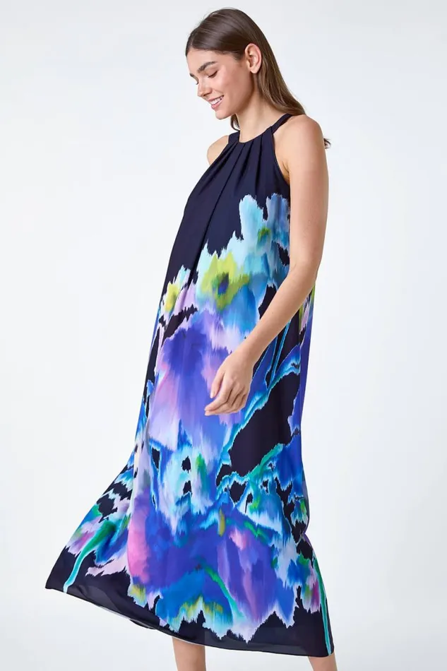 Navy Abstract Floral Pleat Detail Trapeze Dress Women Roman Dresses
