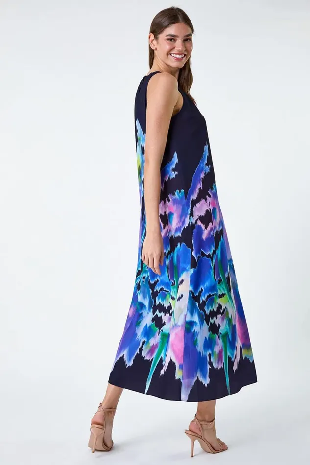 Navy Abstract Floral Pleat Detail Trapeze Dress Women Roman Dresses