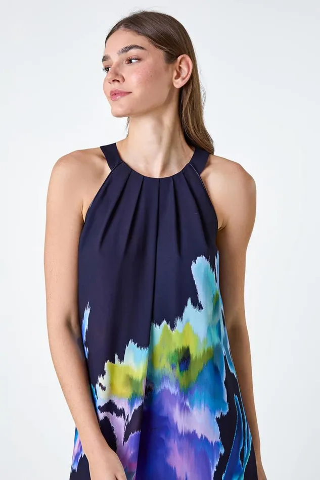 Navy Abstract Floral Pleat Detail Trapeze Dress Women Roman Dresses