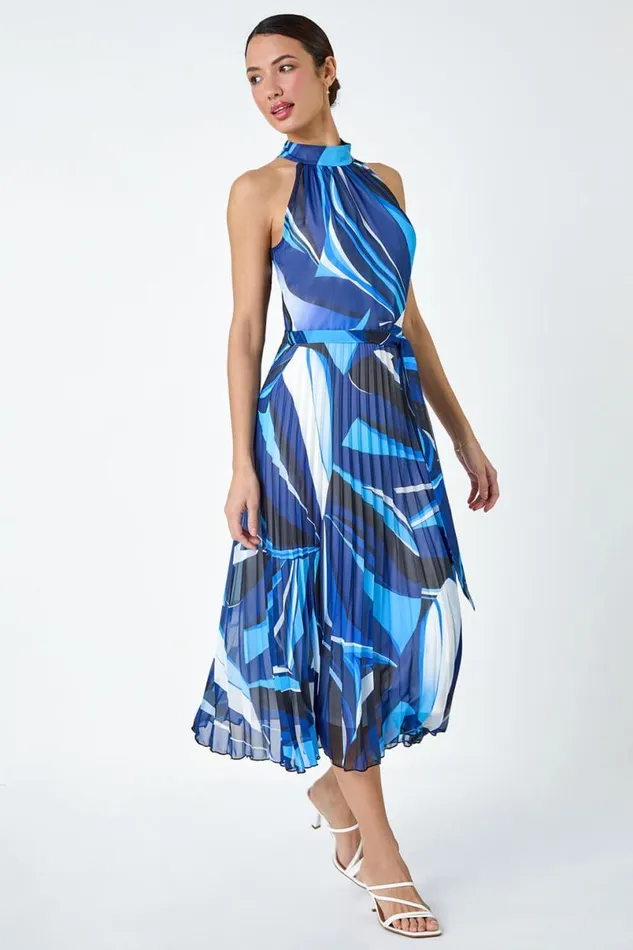 Navy Abstract Print Pleated Chiffon Midi Dress Women Roman Dresses