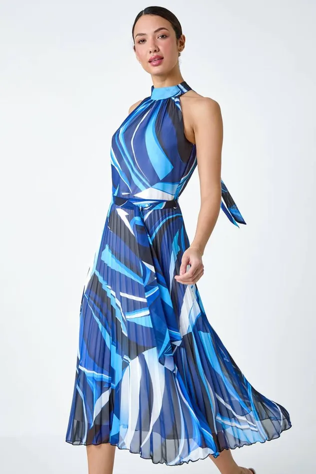 Navy Abstract Print Pleated Chiffon Midi Dress Women Roman Dresses