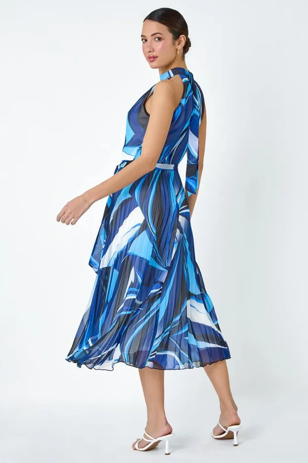 Navy Abstract Print Pleated Chiffon Midi Dress Women Roman Dresses