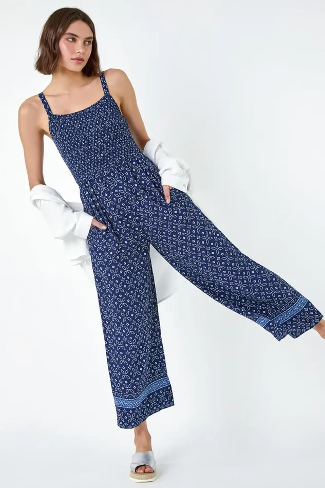 Navy Batik Border Print Shirred Jumpsuit Women Roman Dresses