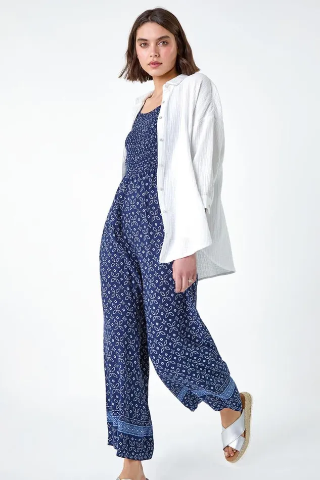Navy Batik Border Print Shirred Jumpsuit Women Roman Dresses
