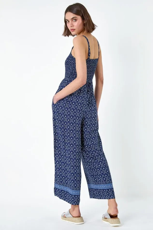 Navy Batik Border Print Shirred Jumpsuit Women Roman Dresses