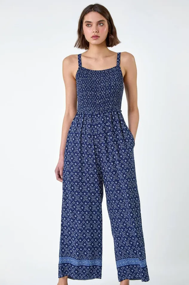 Navy Batik Border Print Shirred Jumpsuit Women Roman Dresses