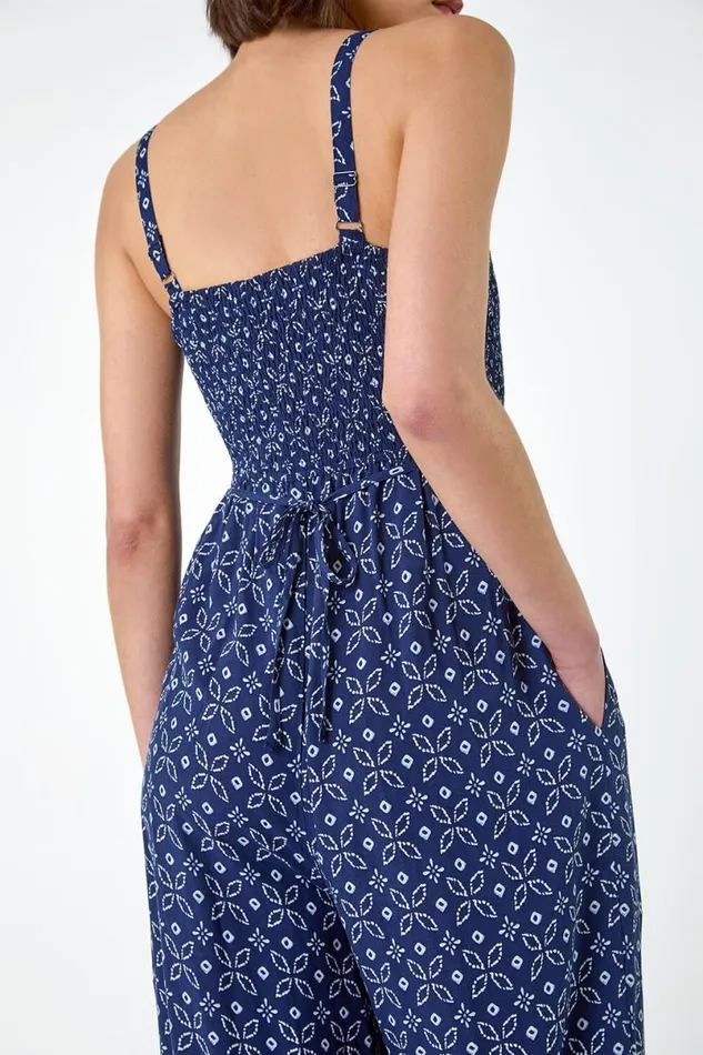 Navy Batik Border Print Shirred Jumpsuit Women Roman Dresses