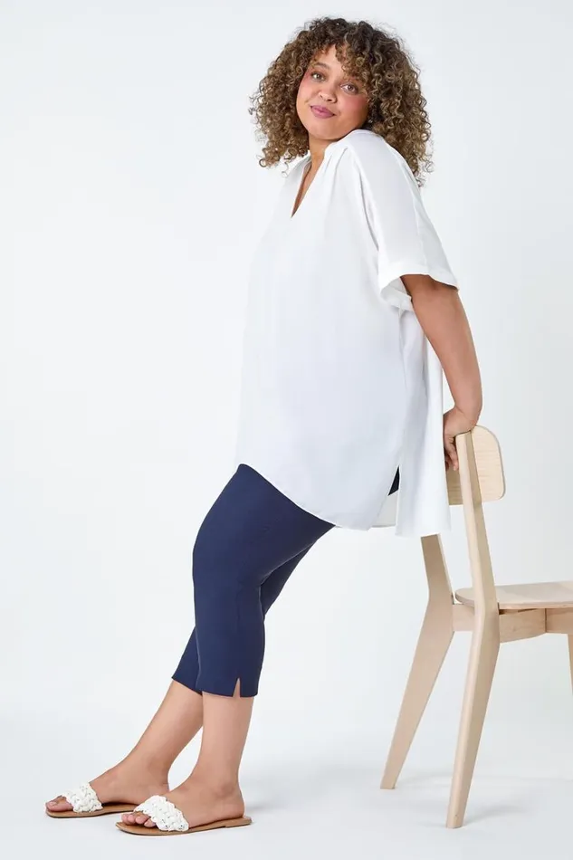 Navy Blue Curve Elastic Waist Stretch Cropped Trouser Women Roman Trousers