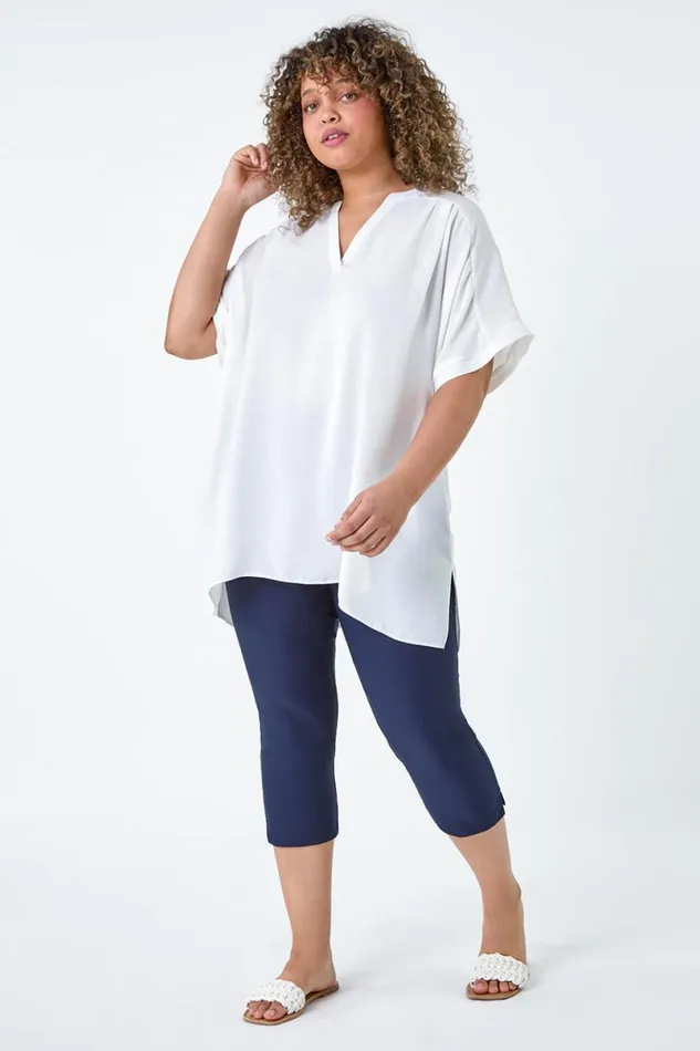 Navy Blue Curve Elastic Waist Stretch Cropped Trouser Women Roman Trousers