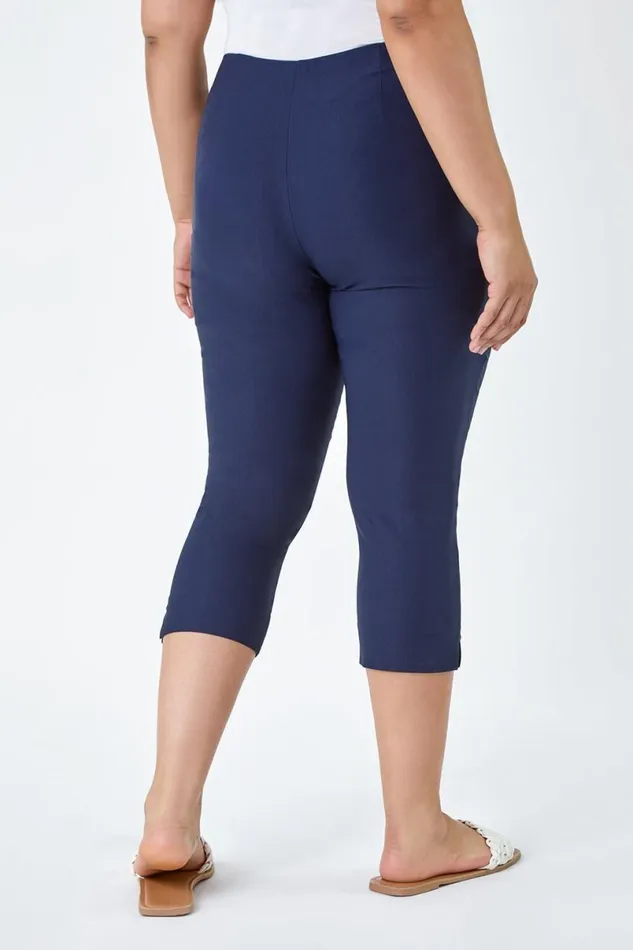 Navy Blue Curve Elastic Waist Stretch Cropped Trouser Women Roman Trousers