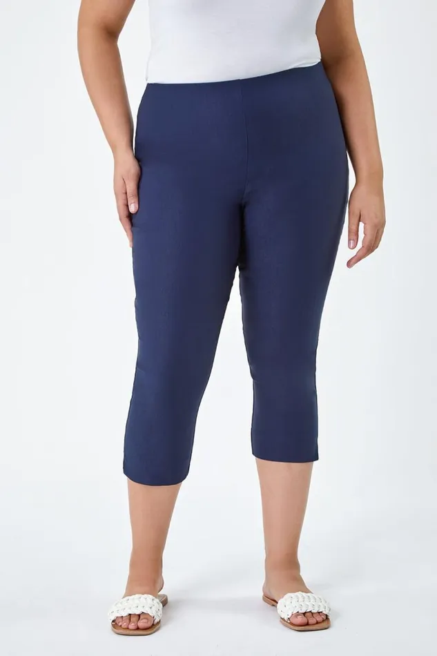 Navy Blue Curve Elastic Waist Stretch Cropped Trouser Women Roman Trousers