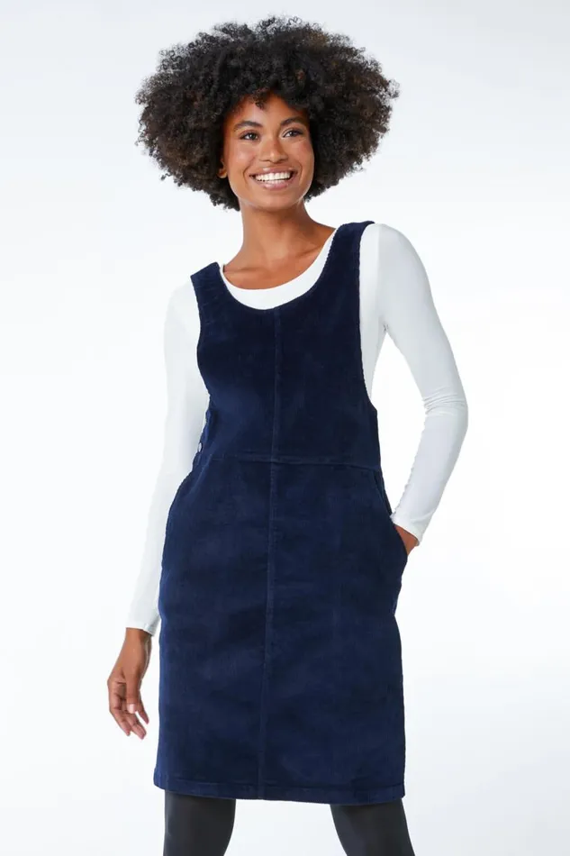 Navy Button Corduroy Pinafore Dress Women Roman Dresses