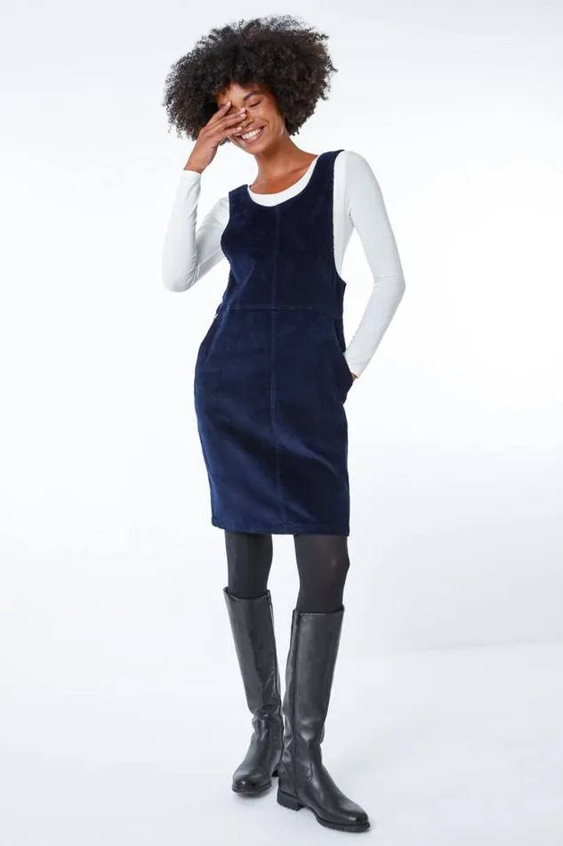 Navy Button Corduroy Pinafore Dress Women Roman Dresses