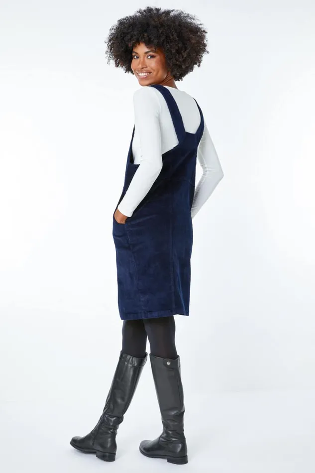 Navy Button Corduroy Pinafore Dress Women Roman Dresses