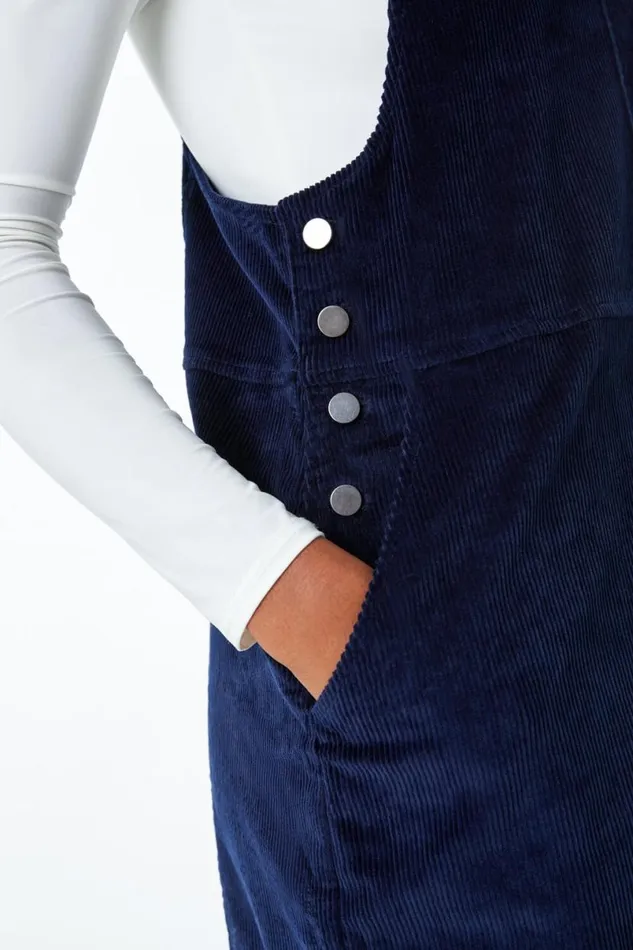 Navy Button Corduroy Pinafore Dress Women Roman Dresses