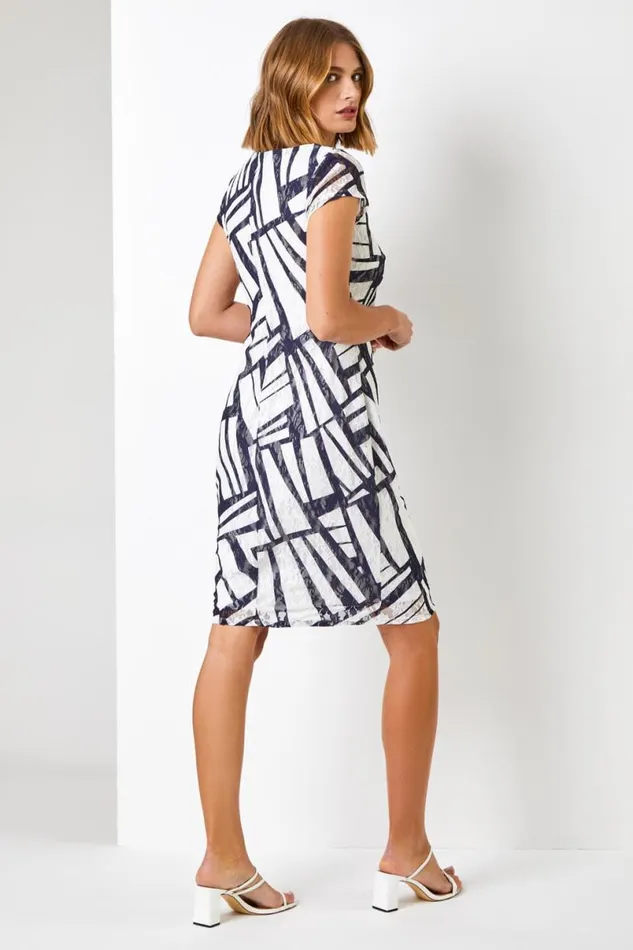 Navy Contrast Print Stretch Lace Dress Women Roman Dresses