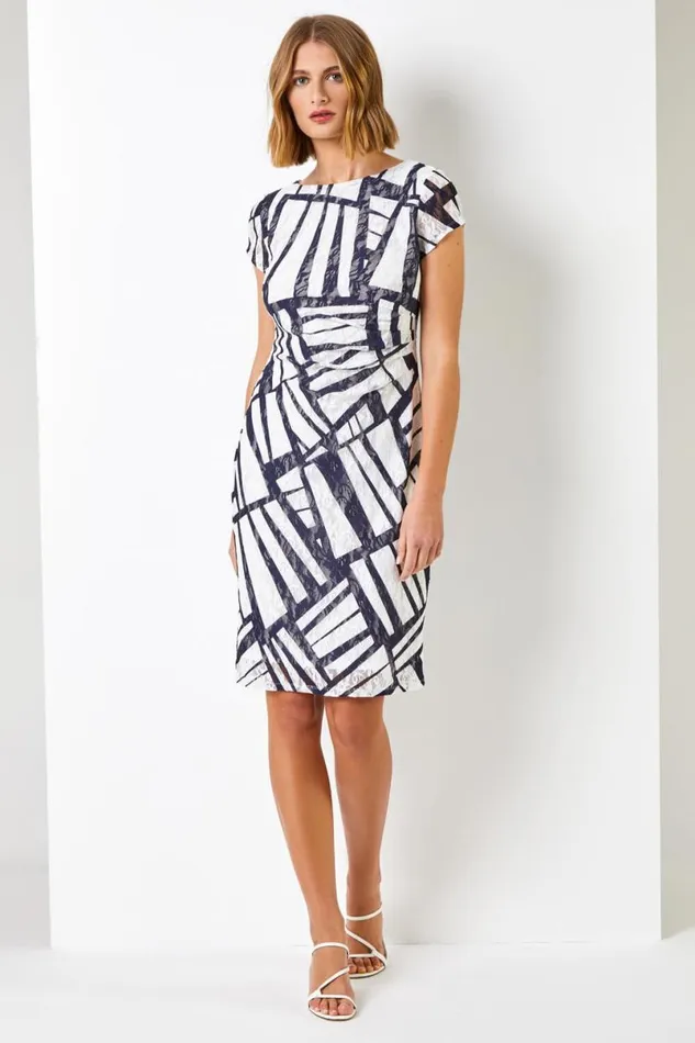 Navy Contrast Print Stretch Lace Dress Women Roman Dresses