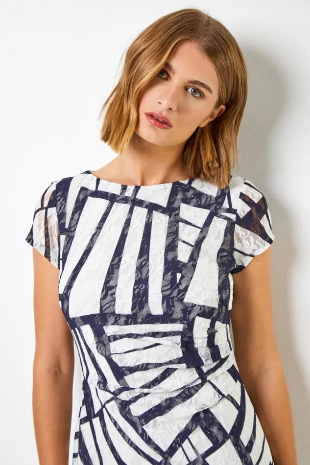 Navy Contrast Print Stretch Lace Dress Women Roman Dresses