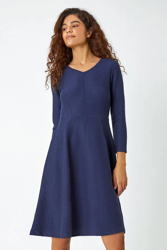 Navy Cotton Blend Ribbed Stretch Dress Women Roman Dresses