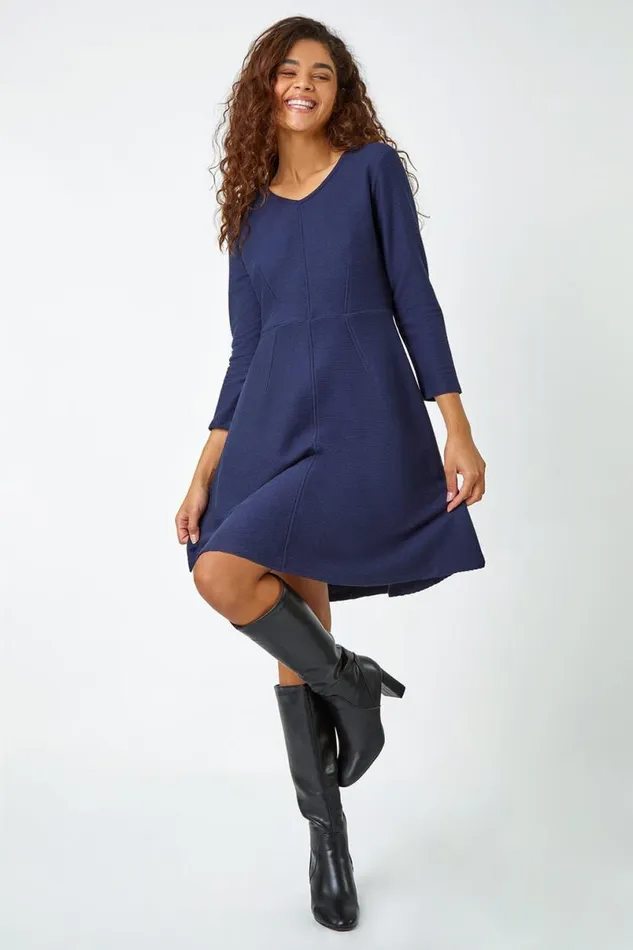 Navy Cotton Blend Ribbed Stretch Dress Women Roman Dresses