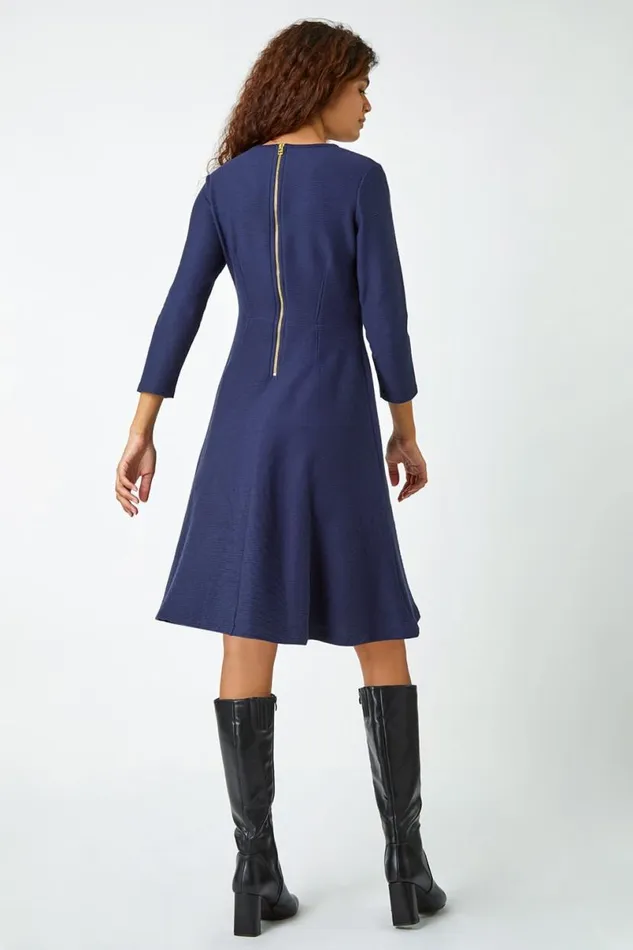 Navy Cotton Blend Ribbed Stretch Dress Women Roman Dresses