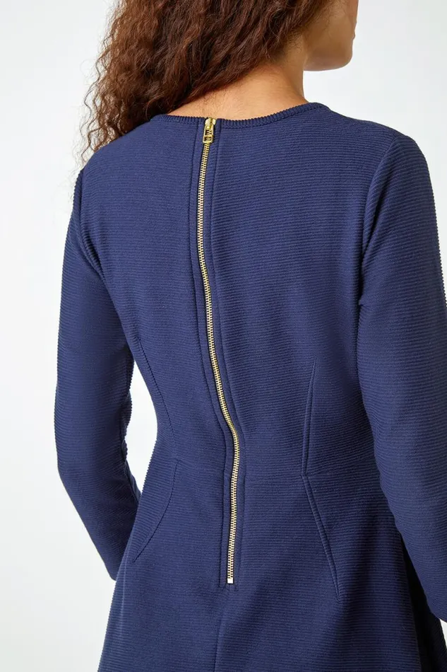 Navy Cotton Blend Ribbed Stretch Dress Women Roman Dresses