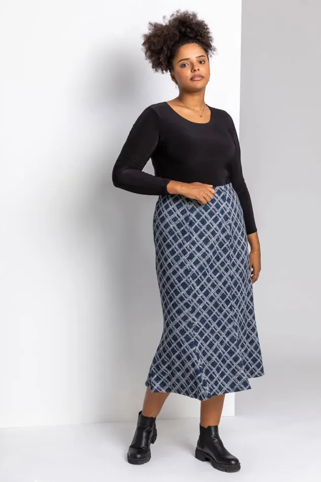 Navy Curve Check Print Elastic Waist Fluted Skirt Women Roman Skirts