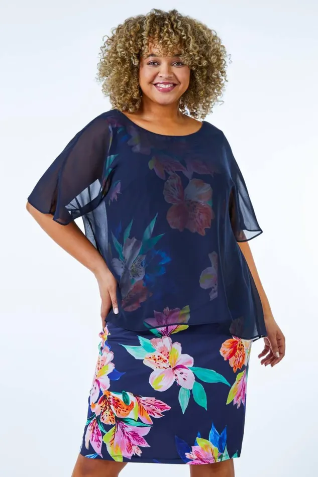 Navy Curve Chiffon Overlay Floral Dress Women Roman Dresses