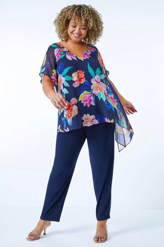 Navy Curve Chiffon Overlay Jumpsuit Women Roman Dresses