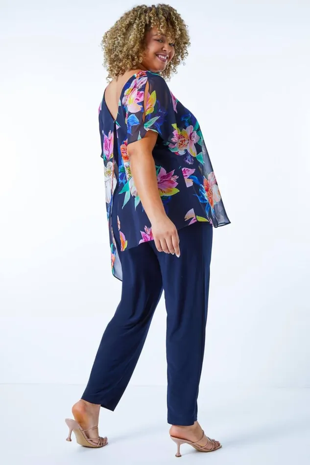 Navy Curve Chiffon Overlay Jumpsuit Women Roman Dresses