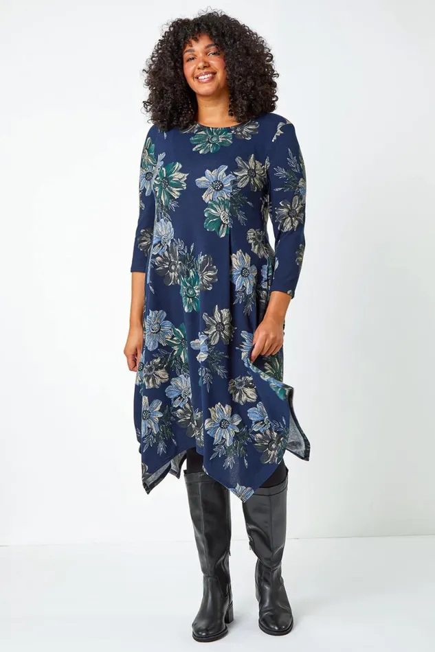 Navy Curve Floral Print Tunic Stretch Dress Women Roman Dresses