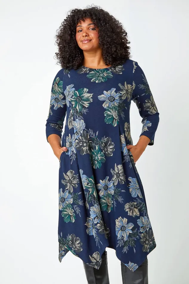Navy Curve Floral Print Tunic Stretch Dress Women Roman Dresses