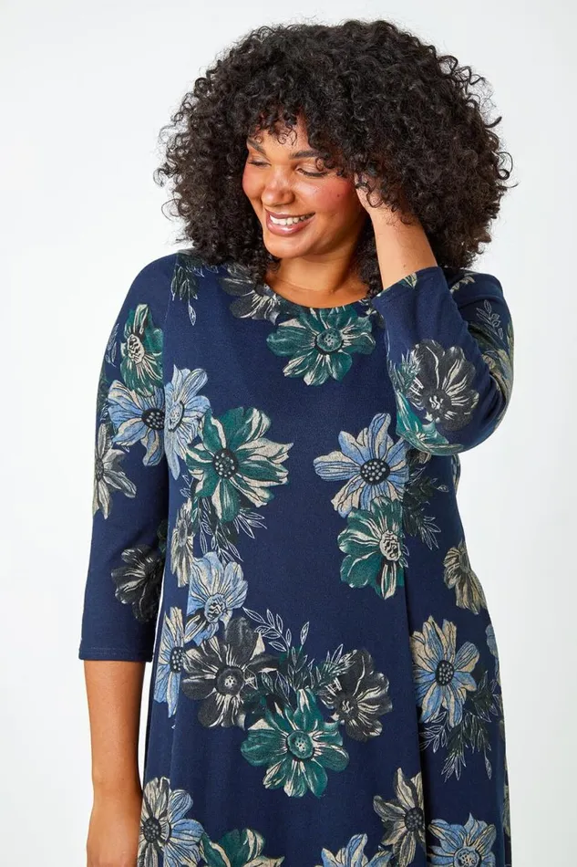 Navy Curve Floral Print Tunic Stretch Dress Women Roman Dresses