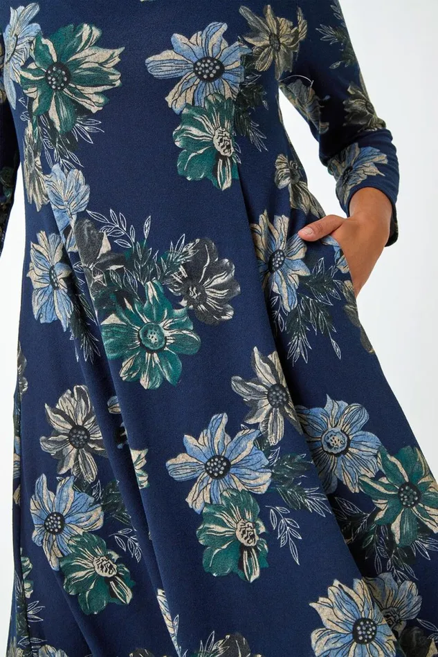 Navy Curve Floral Print Tunic Stretch Dress Women Roman Dresses