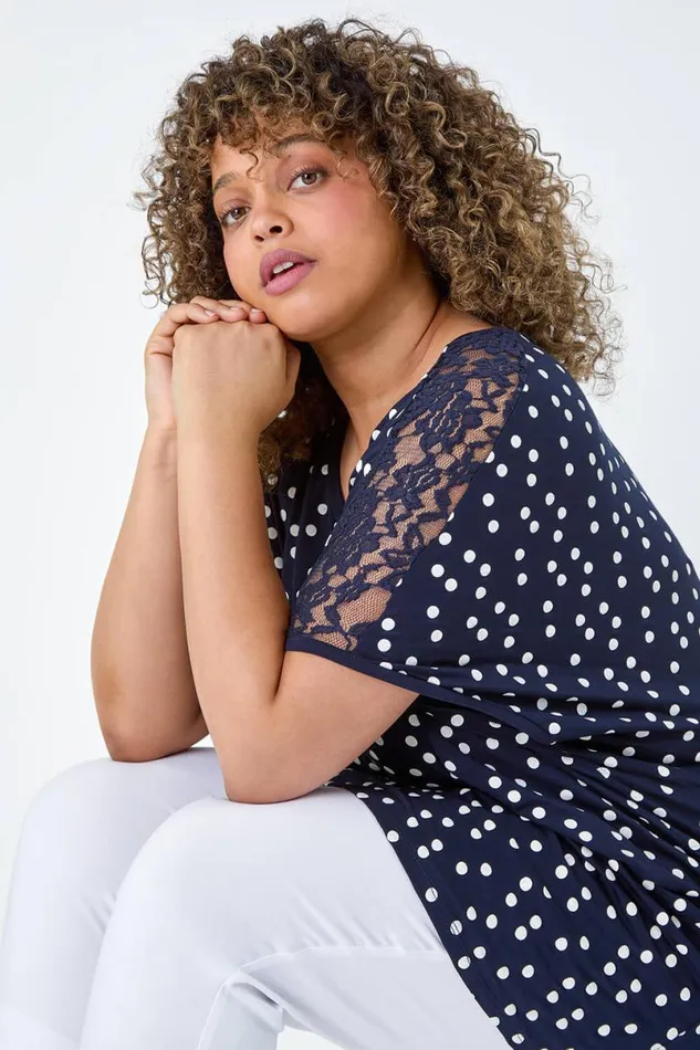 Navy Curve Lace Shoulder Polka Dot Stretch TShirt Women Roman Tops