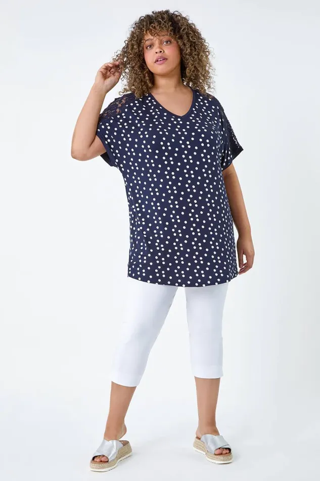 Navy Curve Lace Shoulder Polka Dot Stretch TShirt Women Roman Tops