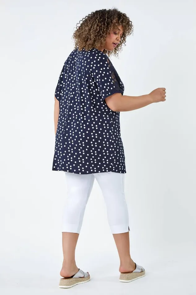 Navy Curve Lace Shoulder Polka Dot Stretch TShirt Women Roman Tops