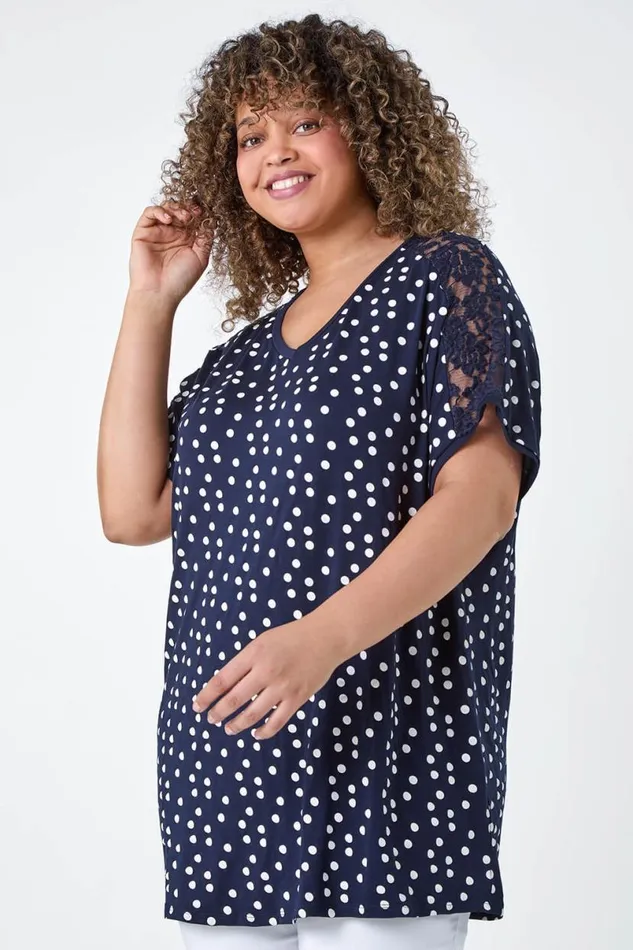 Navy Curve Lace Shoulder Polka Dot Stretch TShirt Women Roman Tops