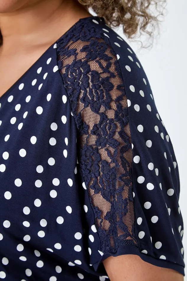 Navy Curve Lace Shoulder Polka Dot Stretch TShirt Women Roman Tops