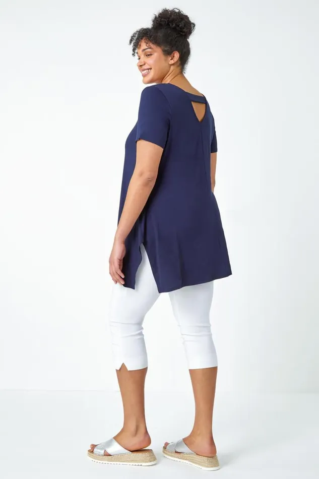 Navy Curve Plain Bar Back Stretch Top Women Roman Tops