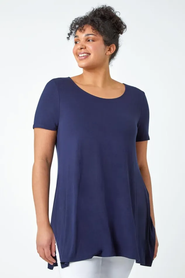 Navy Curve Plain Bar Back Stretch Top Women Roman Tops