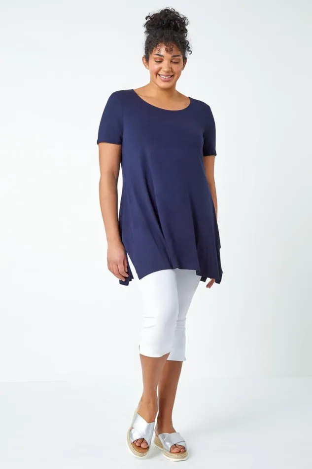 Navy Curve Plain Bar Back Stretch Top Women Roman Tops