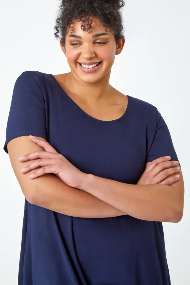 Navy Curve Plain Bar Back Stretch Top Women Roman Tops