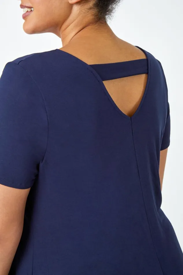 Navy Curve Plain Bar Back Stretch Top Women Roman Tops